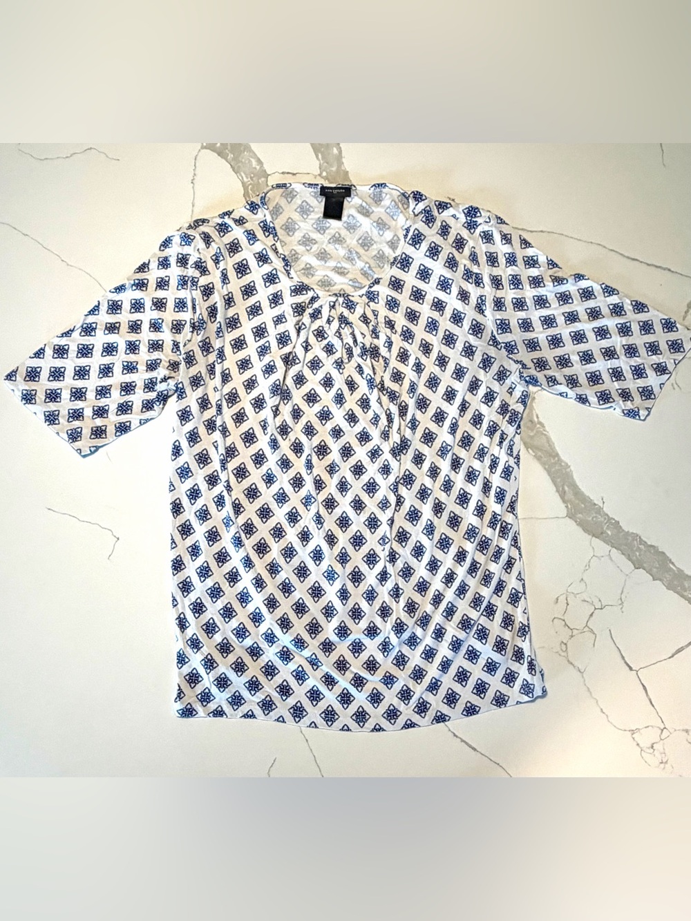 Ann Taylor White and Navy Geometric Neck Blouse